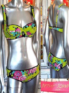 Vintage Betsey Johnson Gypsy Rose Bikini Pink Floral Black Lace Pinup Swimsuit